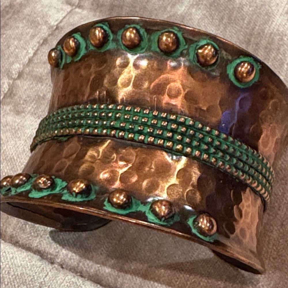 Artisan Hammered Copper Cuff Bracelet with Green Accented Design 7-8” Adjustable - Picture 2 of 8
